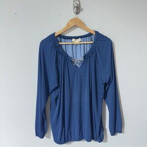 👉 Michael Kors Blue Geometric Print Chain Link V-Neck Long Sleeve Blouse Size 1X
